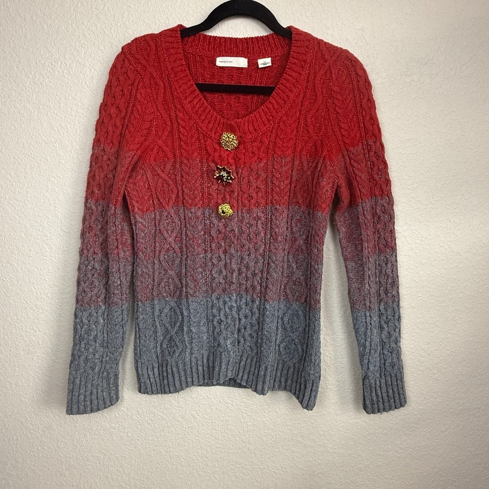 Anthropologie Sleeping on Snow Red Grey Ombre Cable Sweater Wool Blend Brooch M